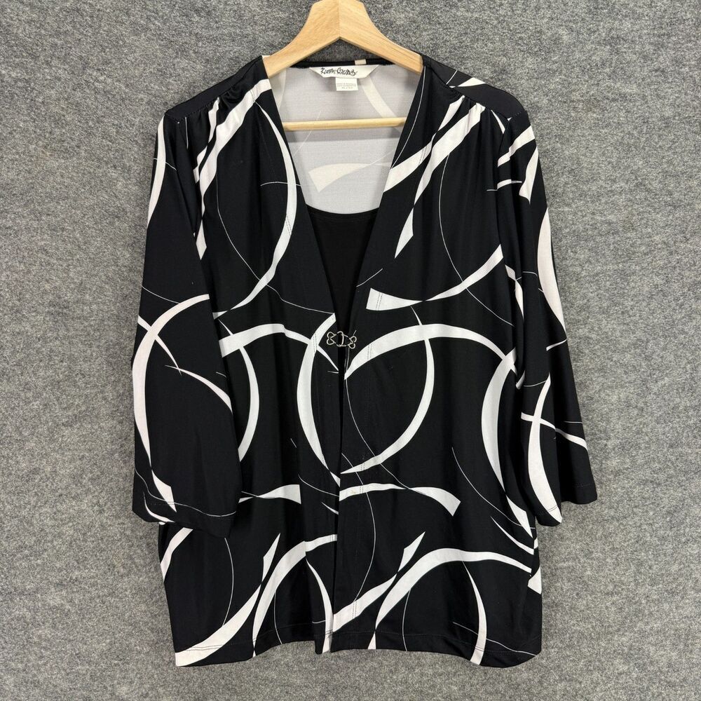 TanJay Top Women XL Black Geometric V-Neck 3/4 Sleeve Casual Stretch Comfort
